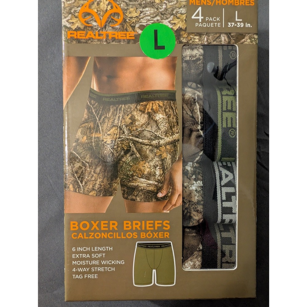 Realtree Mens 4 Pack Boxer Briefs Large Camouflage Moisture Wicking RT0002 NWT